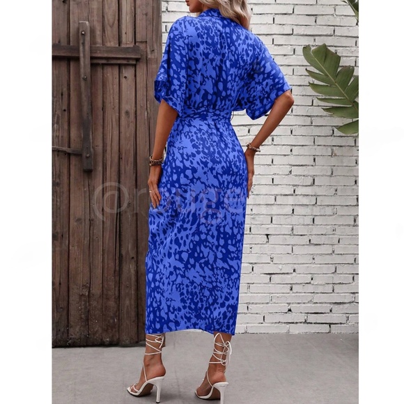 Spotted All Over Print Button Through Tie Belt Ruched Maxi Shirt Dress Blue - Picture 4 of 9